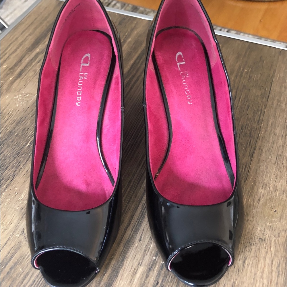 Black Patent Peep-Toe Wedge Pumps